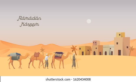 Happy eid mubarak and ramadan concept with cartoon landscape. People with camel caravan illustration for Header page templates, UI, Story board, Book Illustration, Banners