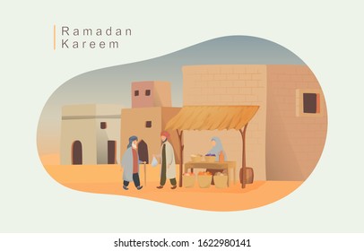 Happy eid mubarak and ramadan concept. people buy food for iftar in the market illustration for Header page, UI, Story board, Book Illustration, Banners, gretting card