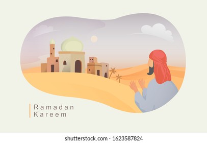 Happy eid mubarak and ramadan concept with Arabic people are grateful for time to iftar fasting. children illustration for Header page, UI, Story board, Book Illustration, Banners, gretting card