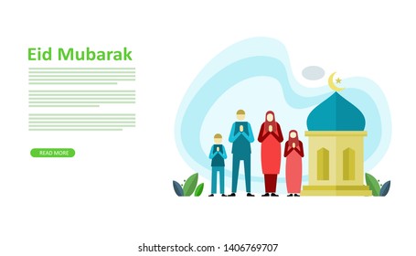 Happy eid mubarak or ramadan greeting with people character. Islamic design illustration concept. template for web landing page, banner, presentation, social, poster, ad, promotion or print media