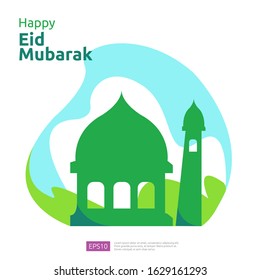 Happy eid mubarak or ramadan greeting with people character. islamic design illustration concept for template for web landing page, social, poster, ad, promotion, print media, banner or presentation