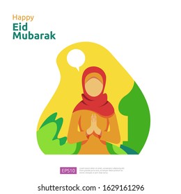 Happy eid mubarak or ramadan greeting with people character. islamic design illustration concept for template for web landing page, social, poster, ad, promotion, print media, banner or presentation