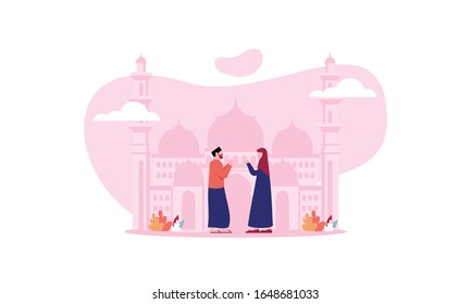 Feliz eid mubarak, concepto de saludo ramadan mubarak con ilustración de personajes de la gente
