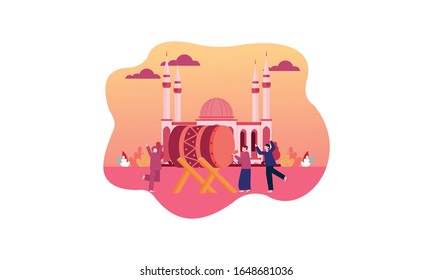 Happy eid mubarak, ramadan mubarak greeting concept with people character illustration