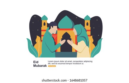 Happy eid mubarak, ramadan mubarak greeting concept with people character illustration