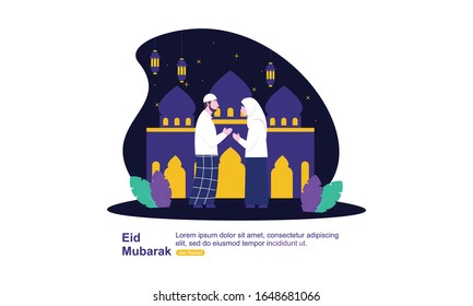 Feliz eid mubarak, concepto de saludo ramadan mubarak con ilustración de personajes de la gente