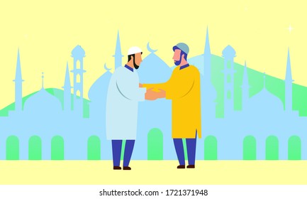 Happy eid mubarak, ramadan mubarak greeting concept with people character illustration