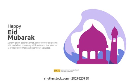 Happy eid mubarak or ramadan greeting with people character. islamic design illustration concept for template for web landing page, social, poster, ad, promotion, print media, banner or presentation