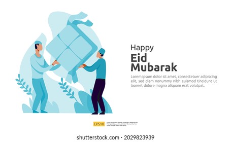 Happy eid mubarak or ramadan greeting with people character. islamic design illustration concept for template for web landing page, social, poster, ad, promotion, print media, banner or presentation