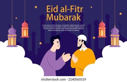 Happy eid mubarak, ramadan mubarak greeting concept with people character illustration