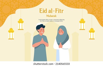 Happy eid mubarak, ramadan mubarak Grußkonzept mit Menschen, Charaktergrafik