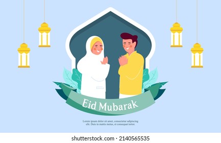 Happy eid mubarak, ramadan mubarak greeting concept with people character illustration