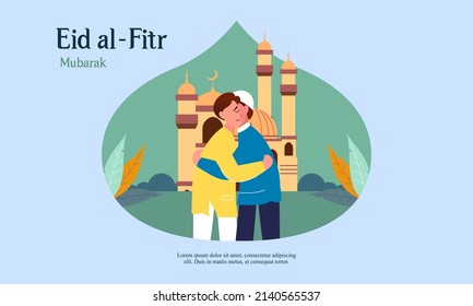 Happy eid mubarak, ramadan mubarak greeting concept with people character illustration