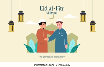 Feliz eid mubarak, concepto de saludo ramadan mubarak con ilustración de personajes de personas