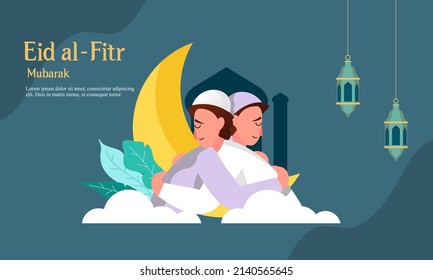 Feliz eid mubarak, concepto de saludo ramadan mubarak con ilustración de personajes de personas