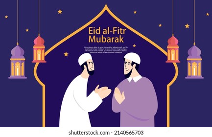 Feliz eid mubarak, concepto de saludo ramadan mubarak con ilustración de personajes de personas