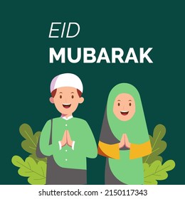 Happy Eid Mubarak, Ramadan Mubarak Greeting Concept With People Character Illustration