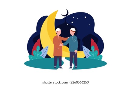 Feliz eid mubarak, concepto de saludo ramadan mubarak con ilustración de personajes de personas