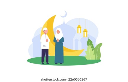 Feliz eid mubarak, concepto de saludo ramadan mubarak con ilustración de personajes de personas