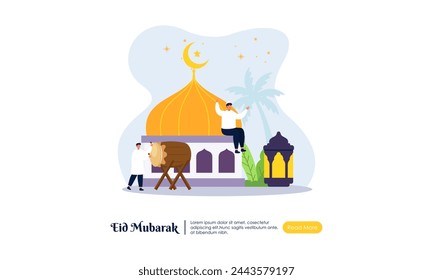 Happy Eid Mubarak or Ramadan Greeting with People Character Illustration.