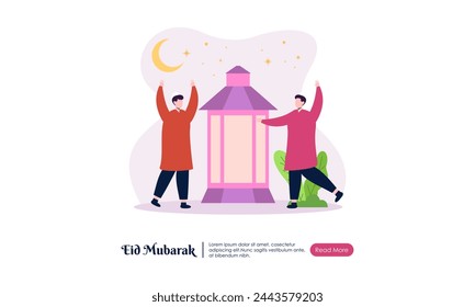 Feliz Eid Mubarak o saludo de Ramadán con la ilustración del personaje de la gente.