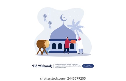 Feliz Eid Mubarak o saludo de Ramadán con la ilustración del personaje de la gente.