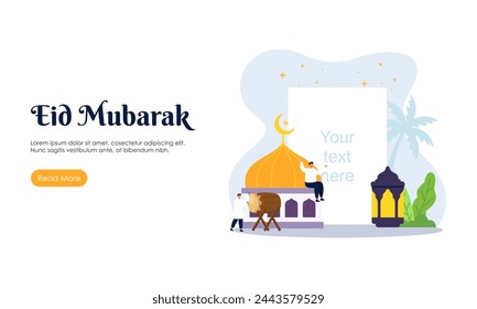  Feliz Eid Mubarak o saludo de Ramadán con la ilustración del personaje de la gente. Plantilla de diseño islámico para banner, página de destino o cartel.