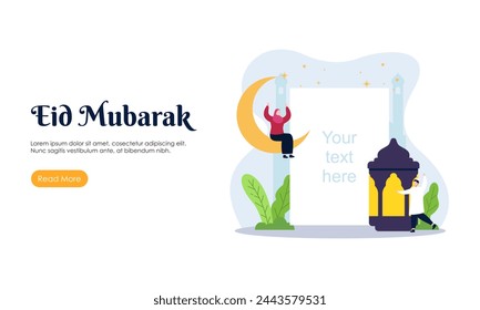  Feliz Eid Mubarak o saludo de Ramadán con la ilustración del personaje de la gente. Plantilla de diseño islámico para banner, página de destino o cartel.