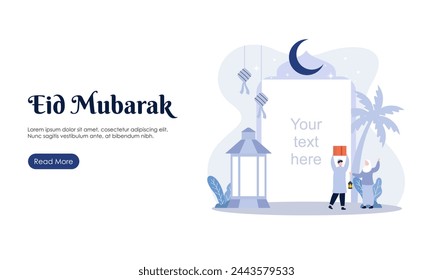  Feliz Eid Mubarak o saludo de Ramadán con la ilustración del personaje de la gente. Plantilla de diseño islámico para banner, página de destino o cartel.