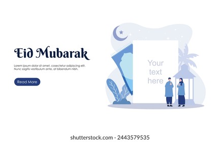  Happy Eid Mubarak or Ramadan Greeting with People Character Illustration. Islamic Design Template for Banner, Landing Page or Poster.