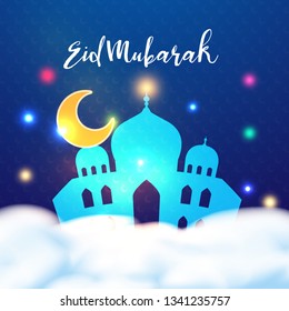 Happy Eid Mubarak in Ramadan kareem islamic ceremony colorful design background template. Traditional Arabic festival. Holiday and Cultural concept. Vector illustration. Decoration art poster pattern