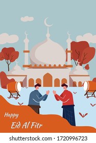 Happy Eid Mubarak And Ramadan Kareem, Two People Standing In Front Of Mosque Celebrating Eid Al Fitr By Shaking Hands, Moslem Male Wearing Moslemwear Having Joyful Eid Mubarak