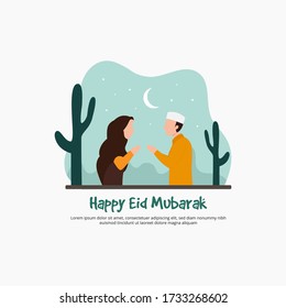 Feliz Eid Mubarak, Ramadán Kareem, diseño islámico, plantilla de tarjetas de felicitación. Hombres y niñas jóvenes dan la mano para una fiesta musulmana con diseño de ilustración plana