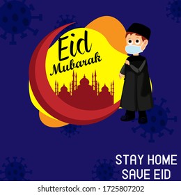 happy eid mubarak or ramadhan kareem and stay safe at home. wearing mask.protect corona or covid-19 virus