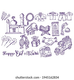 Happy Eid Mubarak, set of hand drawn doodles