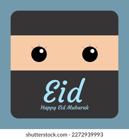 Happy Eid Mubarak simple square greeting card template flat post or cake. cute face muslim woman, dark grey headscarf black veil. Islamic clothing culture, cover the genitals, come from middle east