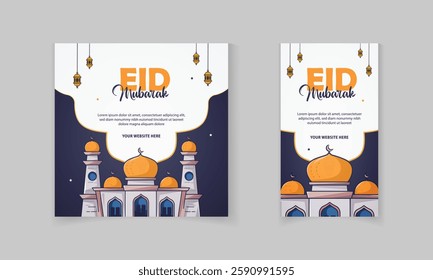 Happy Eid Mubarak Social media post template design set with Islamic element masjid, ster, lamp