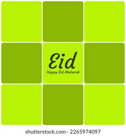 Happy Eid Mubarak Quadrat Grußkartenvorlage flach Post oder Kuchen. Die Einrichtung ist wie ein grüner Diamant mit einem Ramadan-Thema und einem islamischen Wort in der Mitte, eine Atmosphäre der Freude und der Wärme der Familie