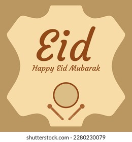 Happy Eid Mubarak square greeting card template flat post or cake. drum (bedug) and brown leather, a Ramadan theme and Islamic with a word in the middle, atmosphere of joy and family warmth