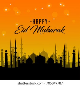 Happy Eid Mubarak - Sunset with Mosque Silhouette, Islamic, Muslim Religion