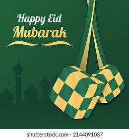 Plantilla feliz de Eid Mubarak con ilustración vectorial de Ketupat realista en 3D