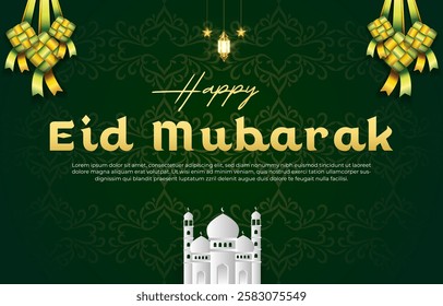 happy eid mubarak template banner islamic ornament with green background design 39