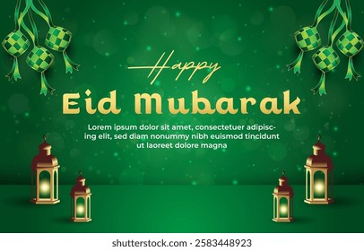 happy eid mubarak template banner with beautiful islamic ornament with green background design 41