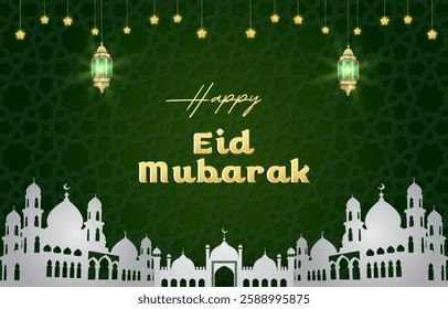 happy eid mubarak template banner with beautiful islamic ornament with green background design 11