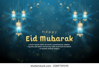 happy eid mubarak template banner with beautiful islamic ornament with blue background design 08