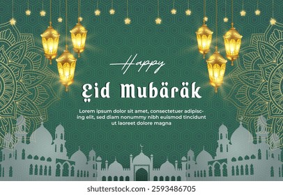 happy eid mubarak template banner with beautiful islamic ornament with green background design 010