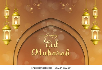 happy eid mubarak template banner with beautiful islamic ornament with orange background design 05
