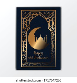 Happy Eid mubarak template with islamic symbol. illustration with arabic golden and glowing sparkling. vector