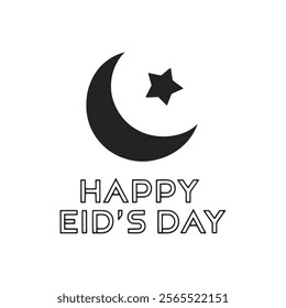 Happy Eid Mubarak Typography Design with Crescent Moon and Stars for Islamic Festival and Muslim Celebration Event