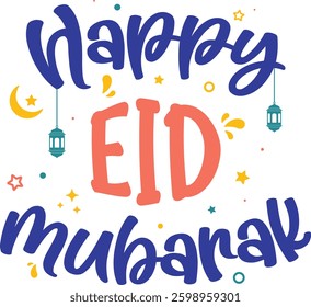 Happy Eid Mubarak typography lettering, suitable for greeting cards, social media posts, and festive designs to celebrate the Islamic holiday.